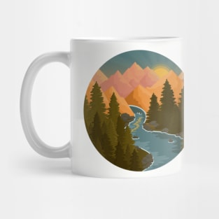 Bright sunrise landscape of mountains and trees Mug